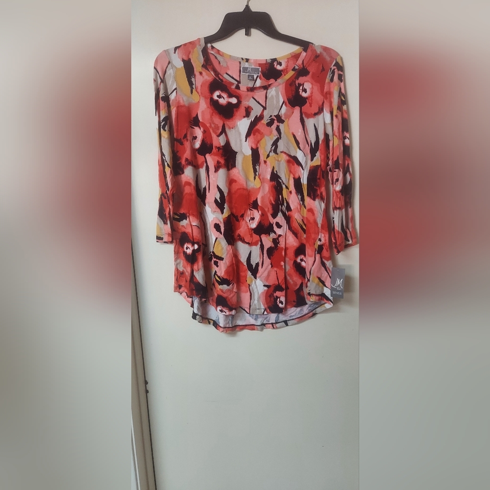 JM Collection Multi Red, Orange and Black Floral Long Sleeve Top.